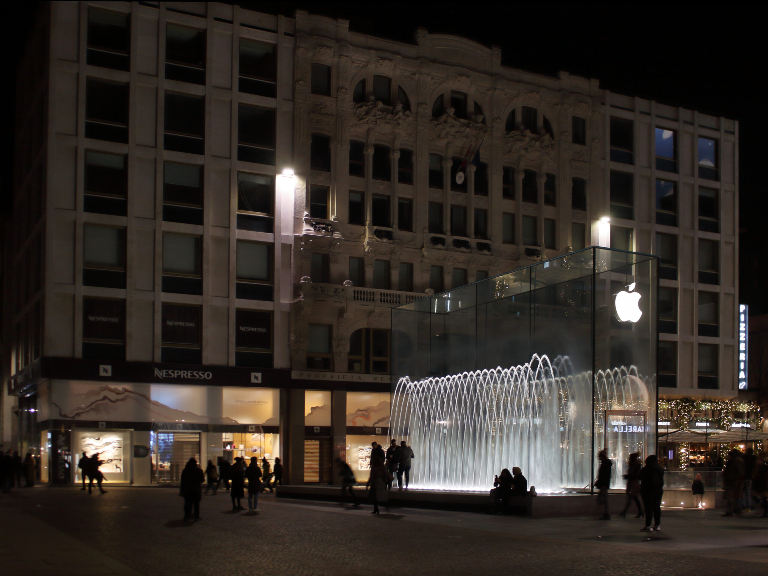 Liberty architecture, water fall Heritage hall of Apple store in Milan, Italy