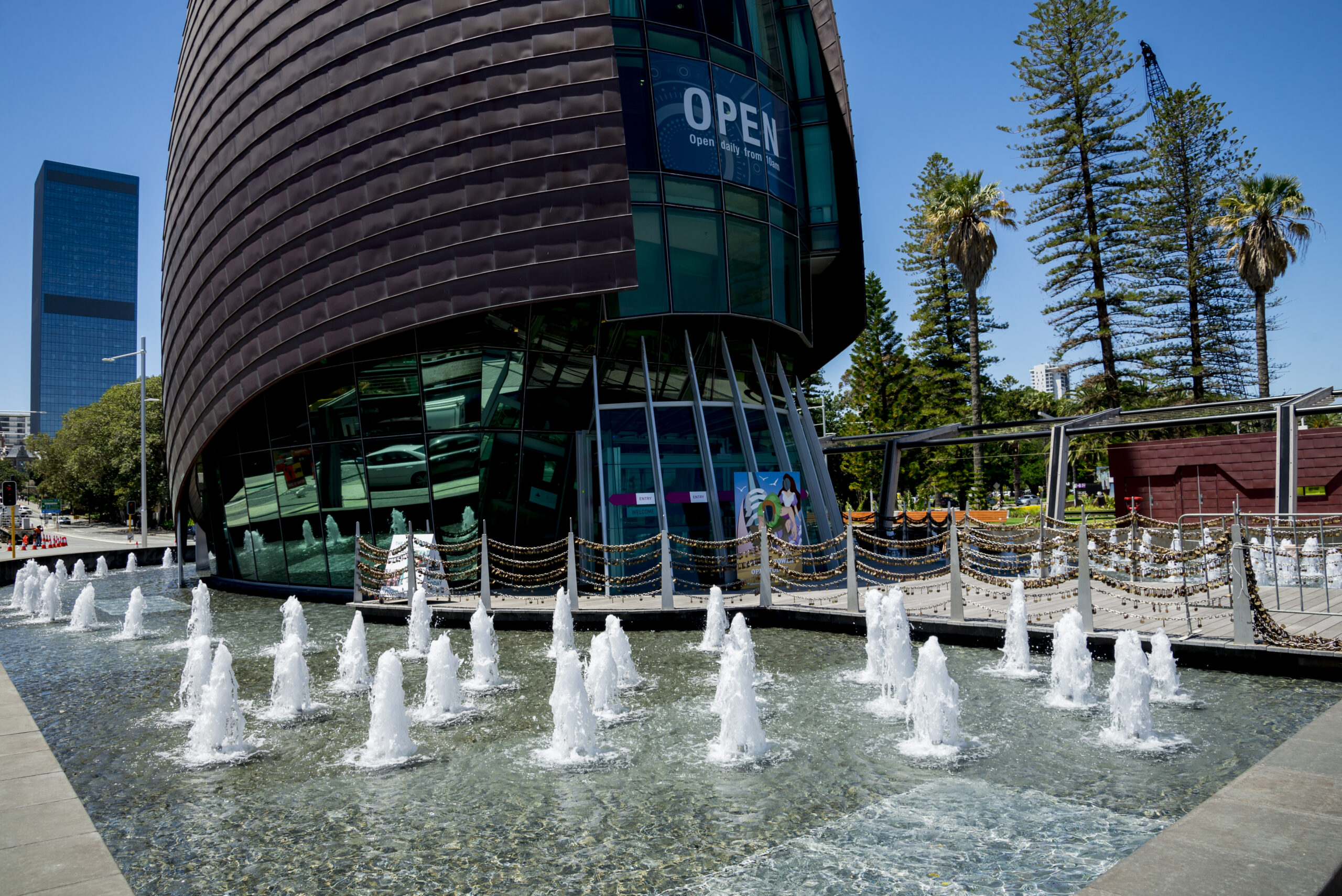 Fountains in front of entrance to Swan Bells in Barrack Square at Elizabeth Quay in Perth City, Western Australia